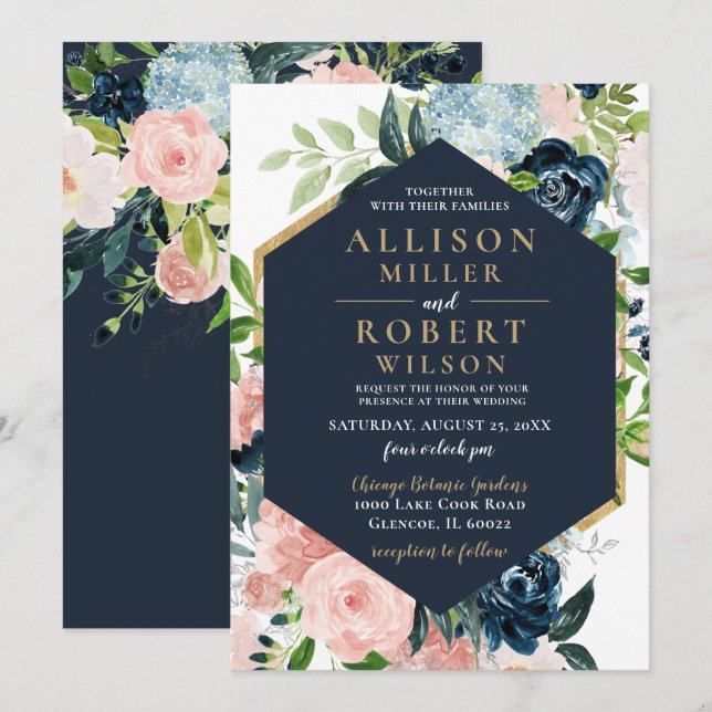 Invitation Aquarelle Rustique Marine Blush or Floral Mariage (Devant / Derrière)
