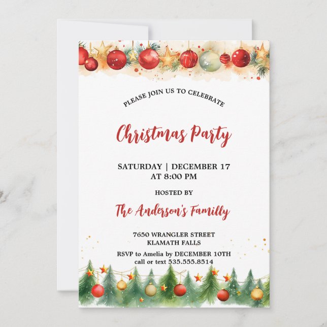 Invitation Aquarelle rustique Ornements et fête de Noël des p (Devant)