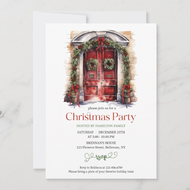 Invitation Aquarelle rustique porte en bois rouge bordeaux (Devant)