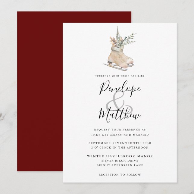 Invitation Aquarelle Rustique Saison Floral Patinage sur glac (Devant / Derrière)