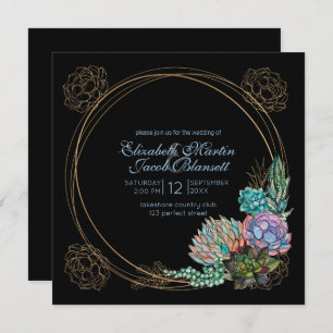 Invitation Aquarelle rustique Succulent, bleu et noir Mariage