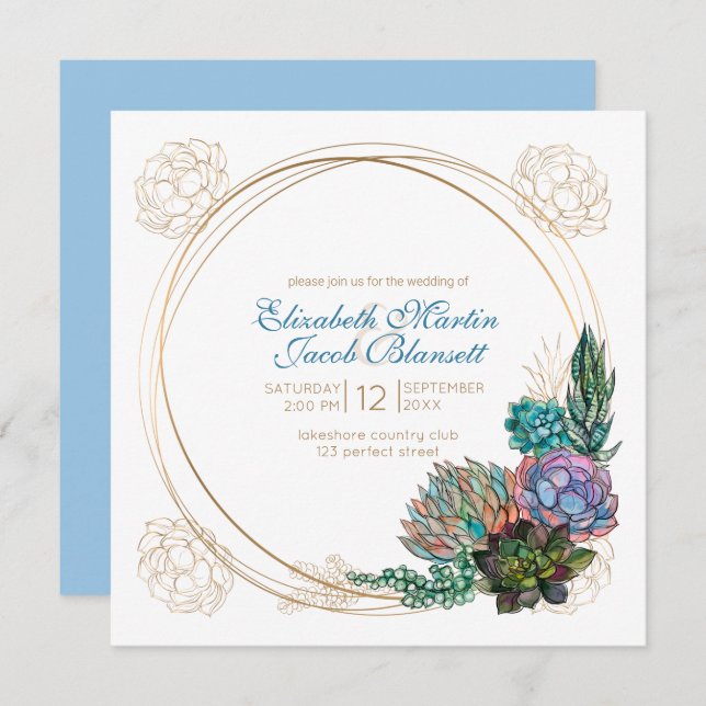 Invitation Aquarelle rustique Succulent, Mariage bleu (Devant / Derrière)
