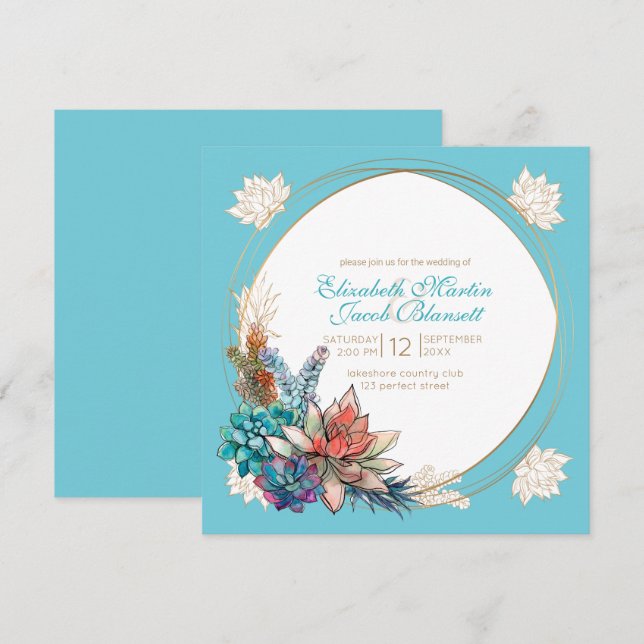 Invitation Aquarelle rustique Succulent, Mariage turquoise (Devant / Derrière)