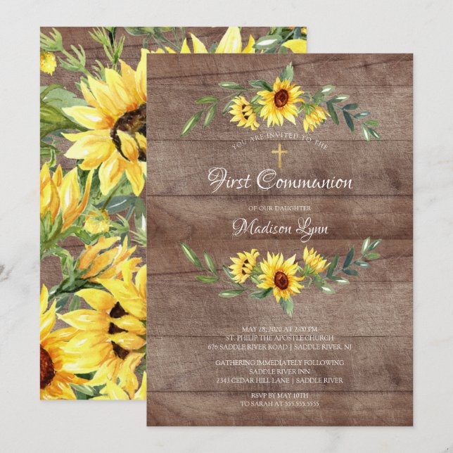 Invitation Aquarelle rustique Tournesol jaune Première commun (Devant / Derrière)