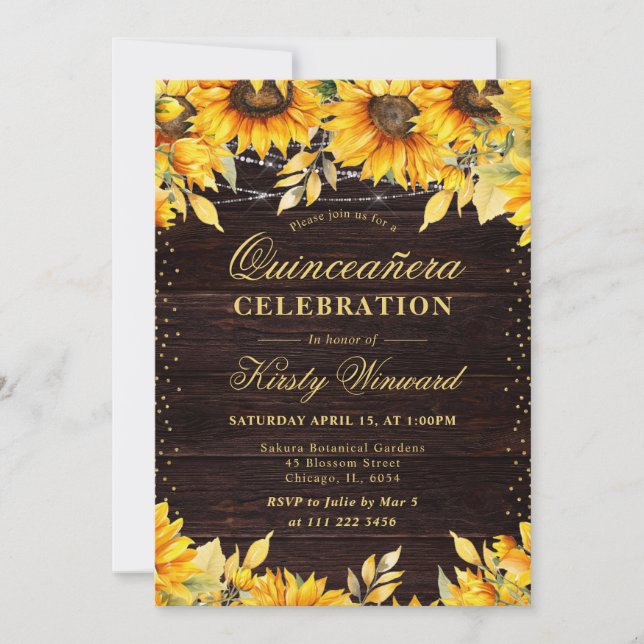 Invitation Aquarelle rustique Tournesols Quinceanera (Devant)