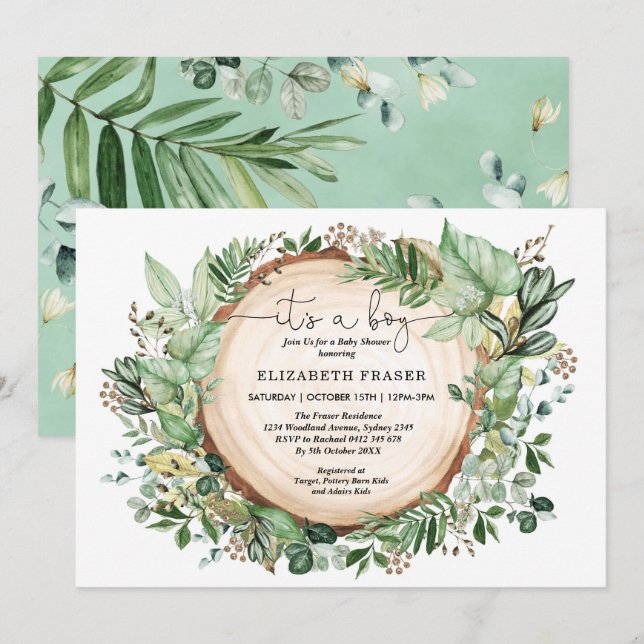 Invitation Aquarelle rustique Verdure Forêt Baby shower garço (Devant / Derrière)