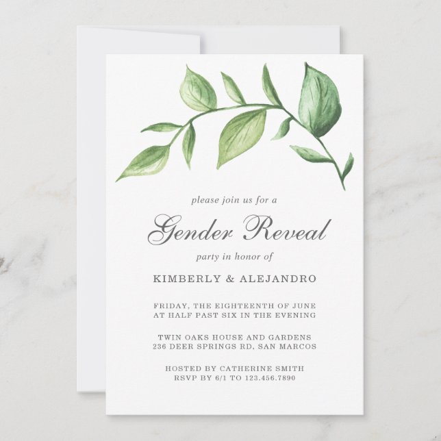Invitation Aquarelle rustique Verdure Sprig Sexe Révélation (Devant)