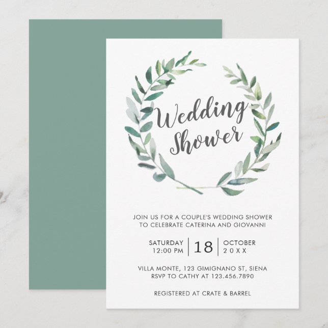 Invitation Aquarelle rustique Verdure Wreath Couples Douche (Devant / Derrière)