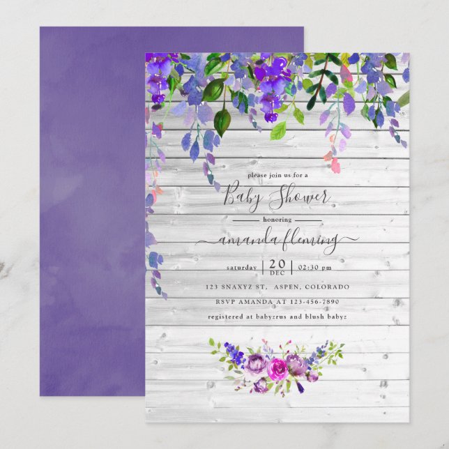 Invitation Aquarelle rustique Violet Baby shower Floral (Devant / Derrière)