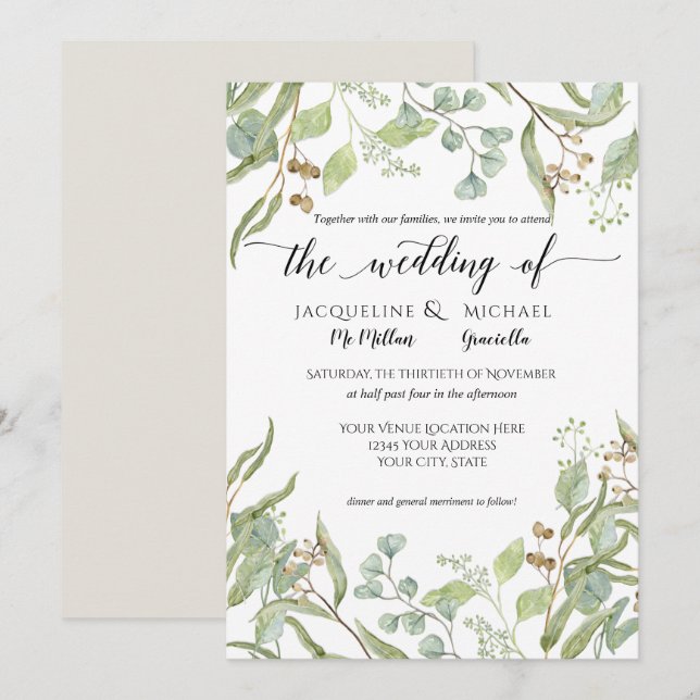 Invitation Aquarelle Rustique Winery Eucalyptus Feuilles de f (Devant / Derrière)