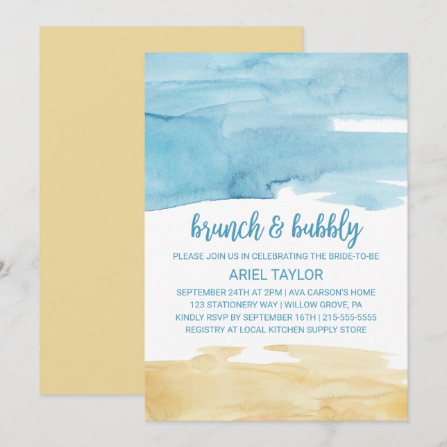 Invitation Aquarelle Sable et Brunch de mer et Bubbly (Devant / Derrière)