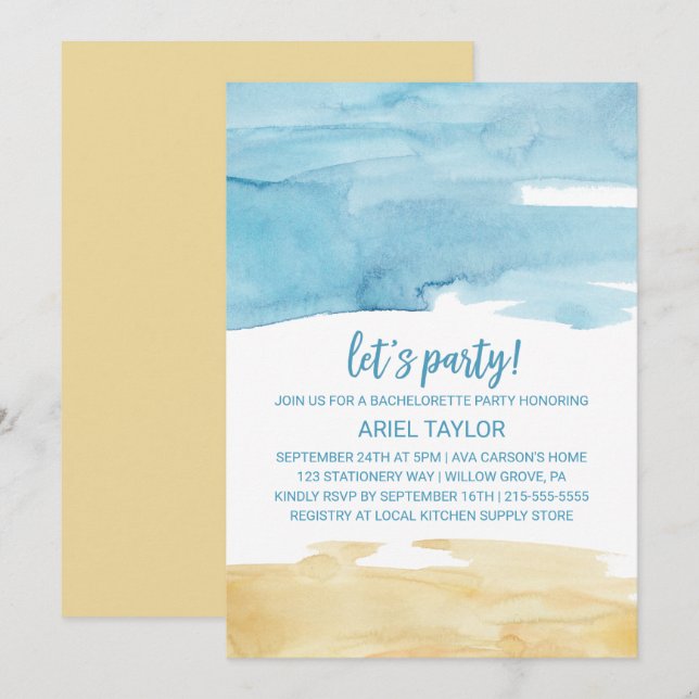 Invitation Aquarelle Sable et mer Faisons la fête (Devant / Derrière)