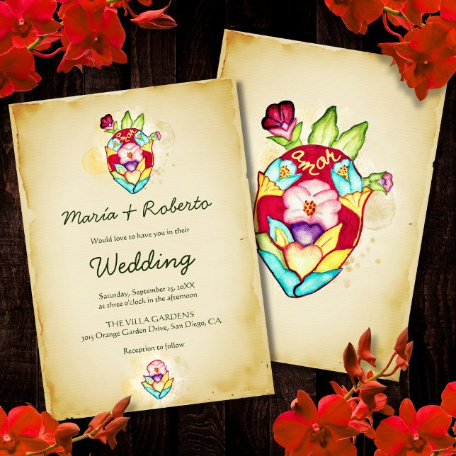Invitation Aquarelle Sacré Coeur avec Motifs Floraux Mariage (Créateur téléchargé)