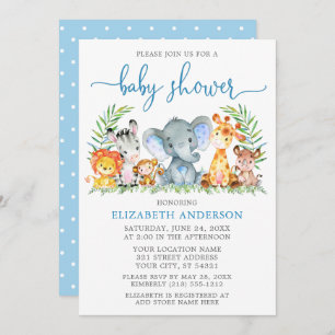 Invitation Aquarelle Safari Animaux Baby shower bleu Script