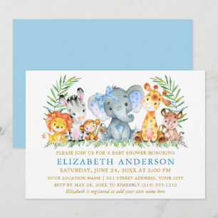 Invitation Aquarelle Safari Animaux Baby shower Blue Bow