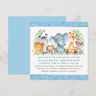 Invitation Aquarelle Safari Animaux Baby shower Blue Carré