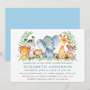 Invitation Aquarelle Safari Animaux Baby shower Blue Silver