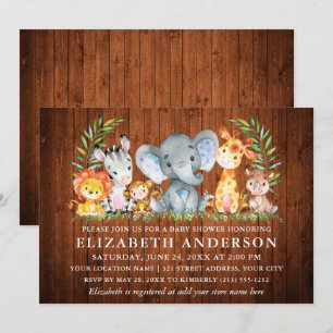 Invitation Aquarelle Safari Animaux Baby shower en bois