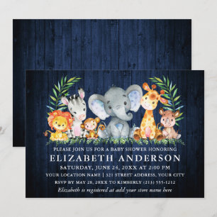 Invitation Aquarelle Safari Animaux Baby shower en bois bleu