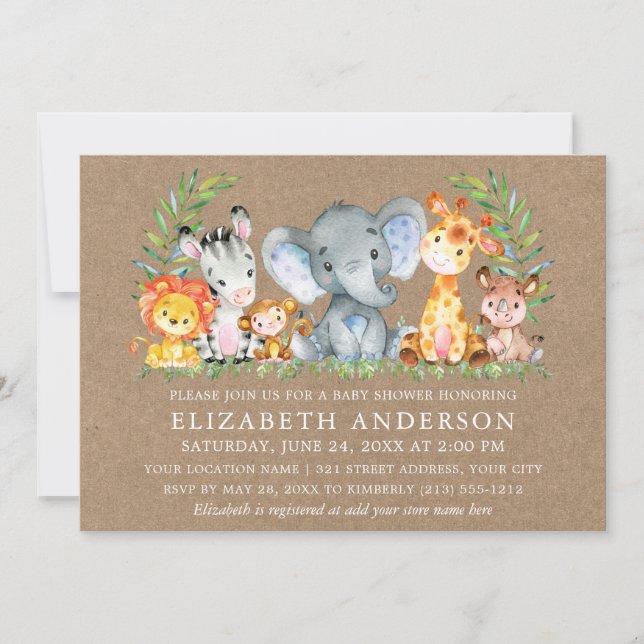 Invitation Aquarelle Safari Animaux Baby shower Kraft (Devant)