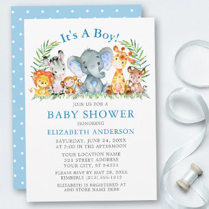 Invitation Aquarelle Safari Animaux Baby shower points bleus