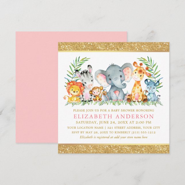 Invitation Aquarelle Safari Animaux Baby shower Rose Gold Sq (Devant / Derrière)