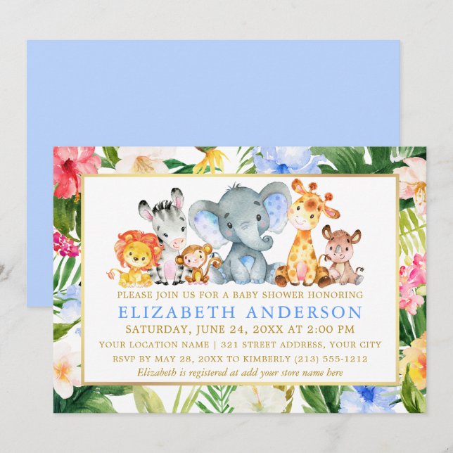 Invitation Aquarelle Safari Animaux Baby shower Tropical (Devant / Derrière)