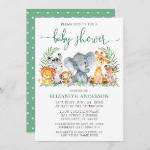 Invitation Aquarelle Safari Animaux Baby shower Vert Script