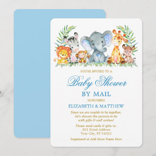 Invitation Aquarelle Safari Animaux Bleu Douche Or par la pos