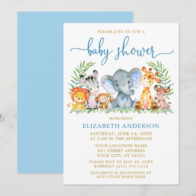 Invitation Aquarelle Safari Animaux Bleu Script Douche Or (Devant / Derrière)