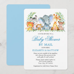Invitation Aquarelle Safari Animaux Douche bleue par la poste