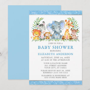 Invitation Aquarelle Safari Animaux Douche Blue Bow Parties s