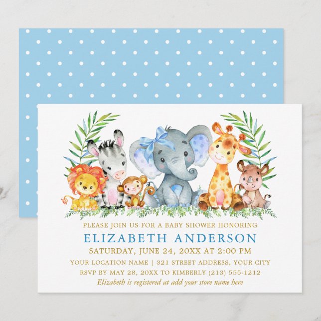 Invitation Aquarelle Safari Animaux Douche Bow Dots Bleus (Devant / Derrière)