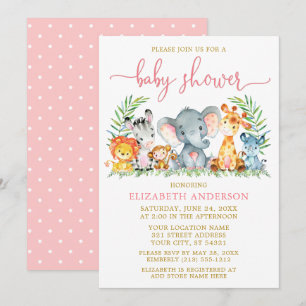 Invitation Aquarelle Safari Animaux Douche Script rose Or