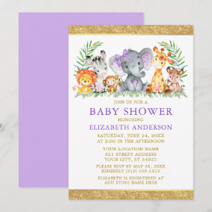 Invitation Aquarelle Safari Animaux Douche Violet Parties sci