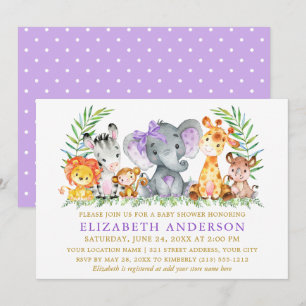 Invitation Aquarelle Safari Animaux Douche Violet Points Bow