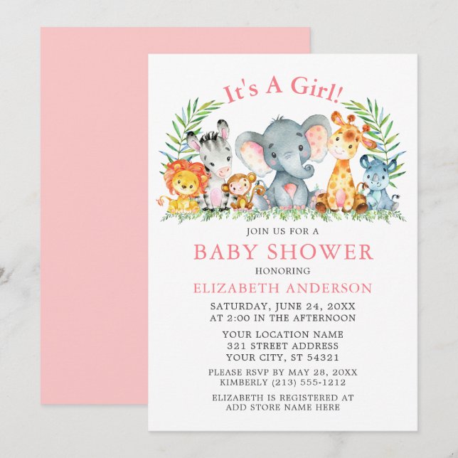 Invitation Aquarelle Safari Animaux Fille Baby shower rose (Devant / Derrière)