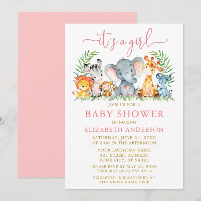 Invitation Aquarelle Safari Animaux Fille Rose Script Douche (Devant / Derrière)
