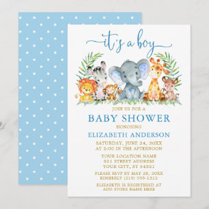 Invitation Aquarelle Safari Animaux Garçon Bleu Douche Or