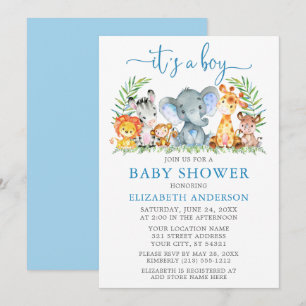Invitation Aquarelle Safari Animaux Garçon Bleu Script douche