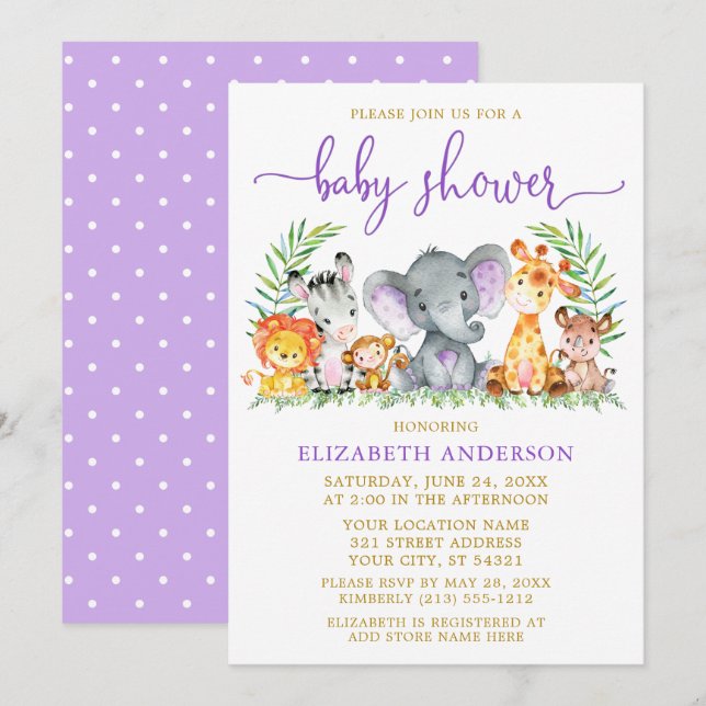 Invitation Aquarelle Safari Animaux Purple Baby shower Or (Devant / Derrière)