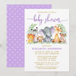 Invitation Aquarelle Safari Animaux Purple Baby shower Or