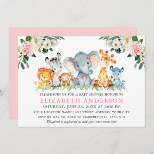 Invitation Aquarelle Safari Animaux Rose Blanc Floral Douche