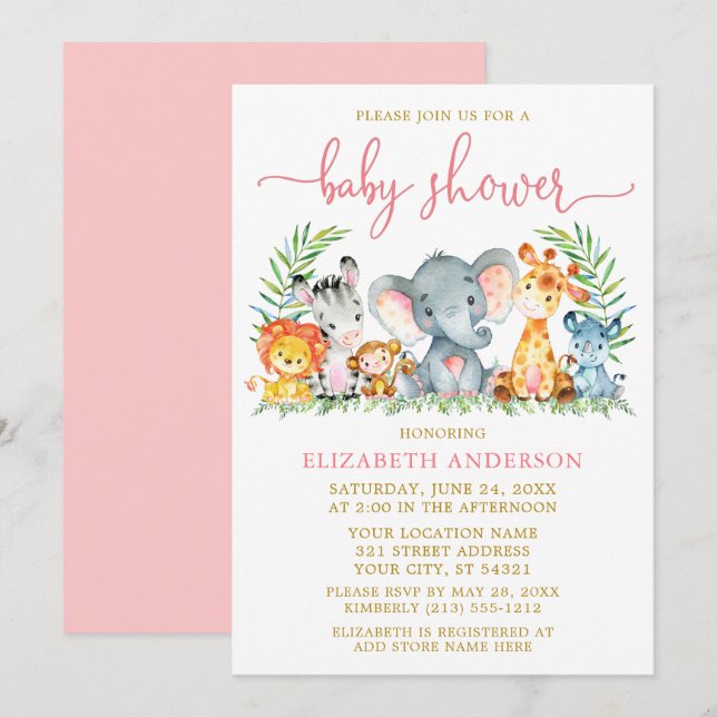 Invitation Aquarelle Safari Animaux Rose Script Douche Or (Devant / Derrière)