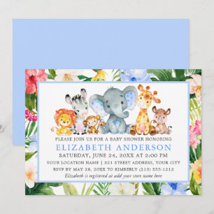 Invitation Aquarelle Safari Animaux Tropical Blue Douche