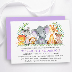 Invitation Aquarelle Safari Animaux Violet Baby shower