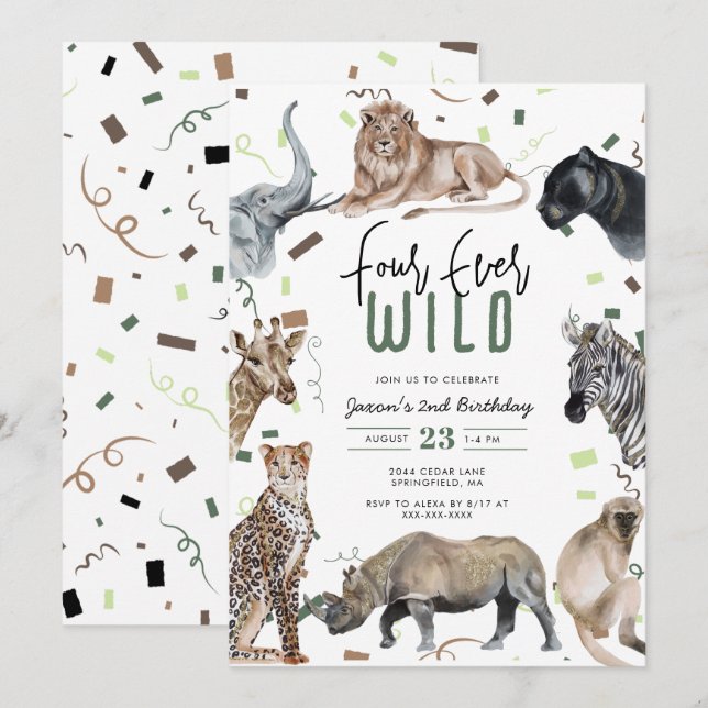 Invitation Aquarelle Safari quatre jamais Wild Anniversaire (Devant / Derrière)