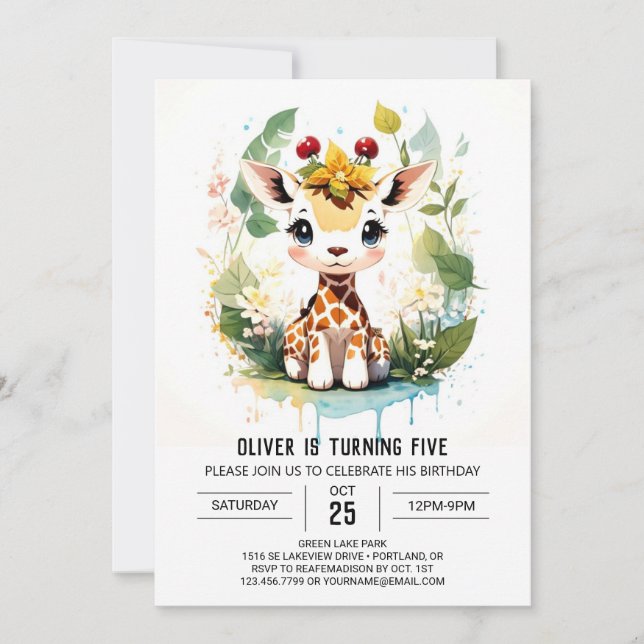 Invitation Aquarelle Safari Voyage Giraffe Anniversaire (Devant)