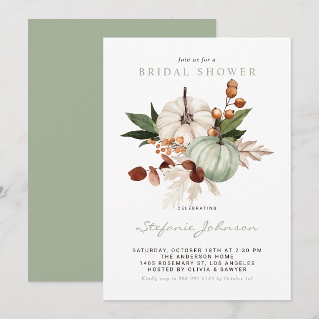 Invitation Aquarelle Sage Vert Citrouilles Automne Fête des m (Devant / Derrière)