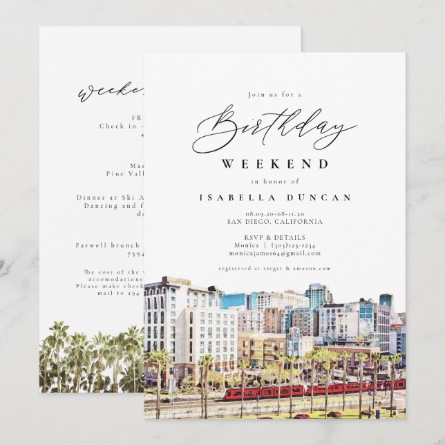 Invitation Aquarelle San Diego California Skyline Anniversair (Devant / Derrière)